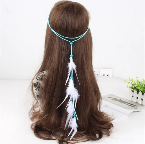 Vista 2 de Diadema de plumas boho chic para el pelo de la princesa india con borlas de plumas diadema romaní hippie longitud ajustable hecha a mano