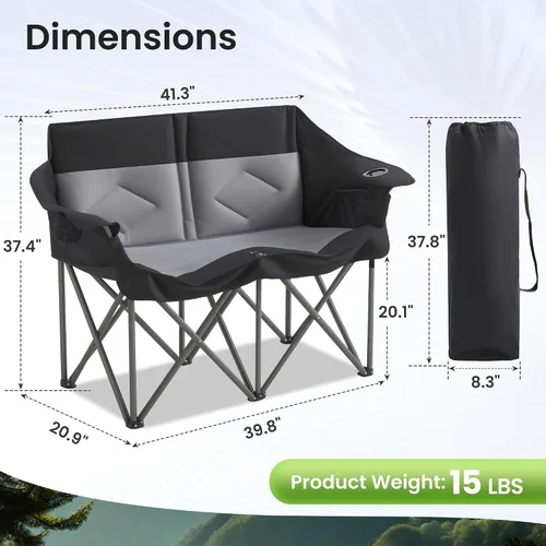 Vista 2 de Silla plegable doble de camping para 2 personas, resistente y de gran tamaño, soporta 800 libras con portavasos y bolsillo lateral para campamento