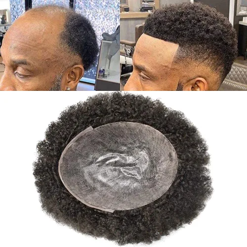 Vista 14 de Afro Toupee para hombres negros, sistema de reemplazo de cabello humano brasileño para hombres afroamericanos africanos afroamericanos, piezas