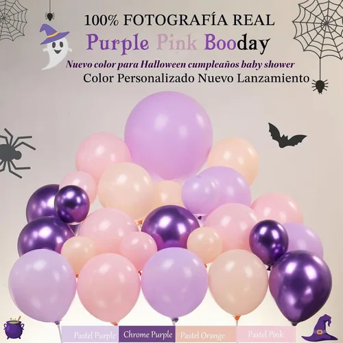 Vista 3 de Kit de arco de guirnalda de globos de cumpleaños pastel de Halloween, 130 globos morados, rosas y naranjas + globos de Mylar de murciélago fantasma