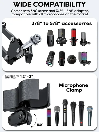 Vista 7 de CACENCAN Brazo articulado, soporte de micrófono giratorio de 360° con montaje de escritorio, brazo de micrófono de escritorio plegable con adaptador
