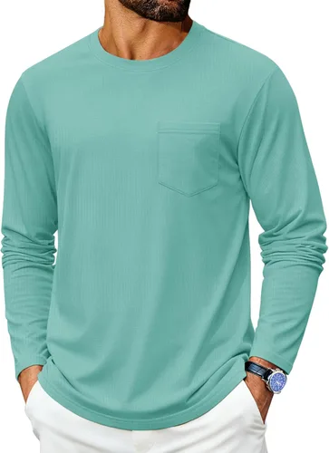 Vista 12 de Cotrasen Camisetas de manga larga para hombre de algodón con cuello redondo, camisetas T con bolsillo que absorben la humedad, suaves, cómodas
