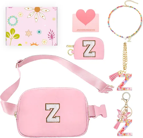 Vista 41 de Regalos de moda para niñas adolescentes, cangurera con monograma para niña con llavero, collar, dijes de taza, tarjeta de felicitación y caja