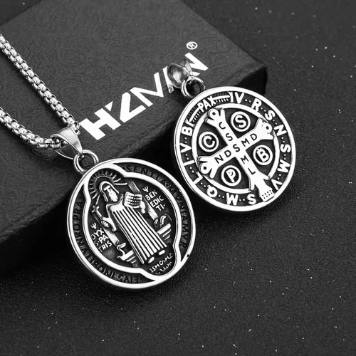Vista 4 de HZMAN Collar con medalla de San Benito para hombres y mujeres, de acero inoxidable, colgante de cruz católica romana, protección contra exorcismo