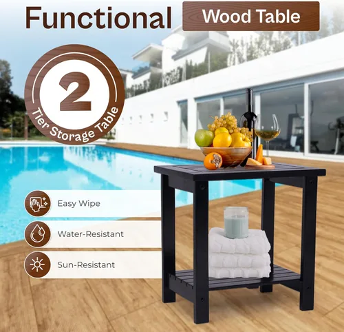 Vista 6 de Mesa auxiliar Adirondack de 2 niveles – Mesa auxiliar de madera resistente a la intemperie, mesa pequeña rectangular rústica para exteriores e