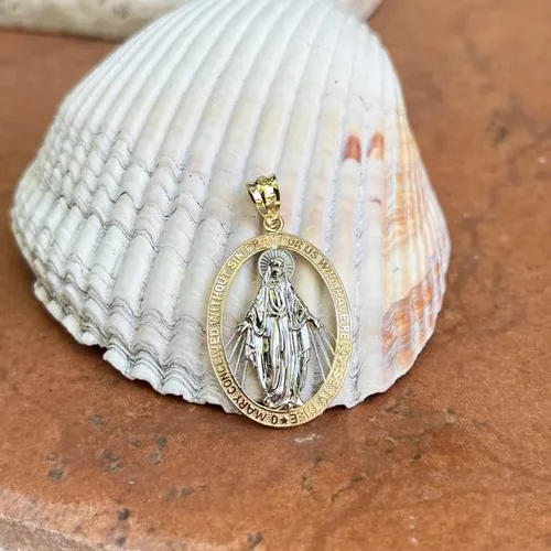 Vista 5 de JewelryWeb - Colgante grande con medalla milagrosa de oro bicolor de 14 quilates - 0.748 in x 1.280 in - Collar religioso para mujeres y hombres