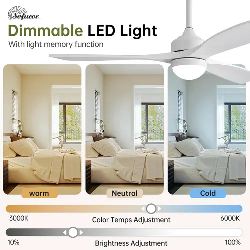 Vista 6 de Sofucor Ventilador de techo inteligente de 52" con luces y control remoto Todo blanco