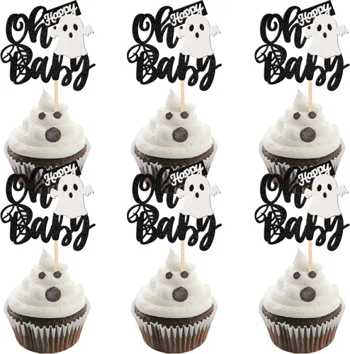 Vista 16 de 30 piezas de decoración de murciélagos de Halloween para cupcakes de murciélago con purpurina negra para Halloween, decoración de pasteles de Negro