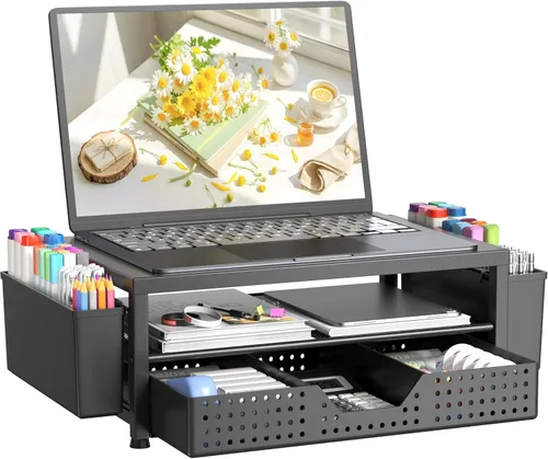 Vista 9 de OPNICE Soporte elevador de monitor doble con cajón y 2 soportes para bolígrafos, organizador de escritorio para suministros de oficina, soporte