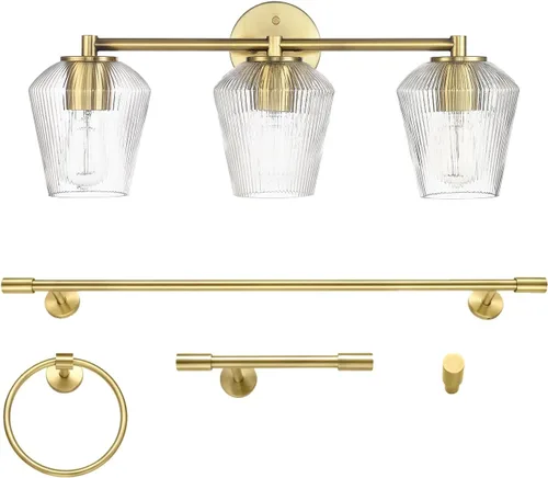 Vista 16 de GLOBE Electric 63000062 - Juego de baño todo en uno de 5 piezas, negro mate y latón, luz de tocador de 3 luces, vidrio sembrado, toallero, soporte