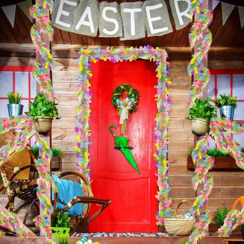Vista 5 de TURNMEON 5 cuerdas en total 75 pies, guirnaldas de oropel de Pascua con coloridos huevos de Pascua, serpentinas metálicas, guirnalda de flecos