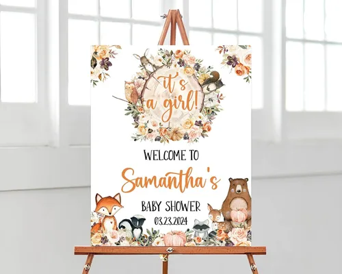 Vista 20 de Plantilla de letrero de bienvenida de baby shower de safari bohemio, letrero de baby shower de animales de selva editable, letrero de bienvenida
