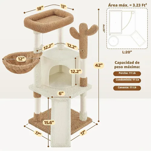 Vista 3 de Yaheetech - Torre de árbol de cactus beige de 42 pulgadas con postes rascadores y condominio
