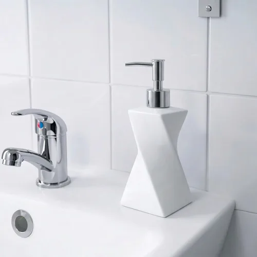 Vista 2 de Dispensador de jabón blanco moderno con bomba plateada para baño y cocina, estilo de arte contemporáneo, acabado mate, a prueba de óxido, 8.5 onzas