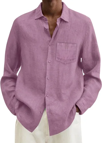 Vista 10 de Camisa de algodón y lino para hombre, talla grande, ajuste holgado, manga larga, cuello abatible, casual, tops de verano