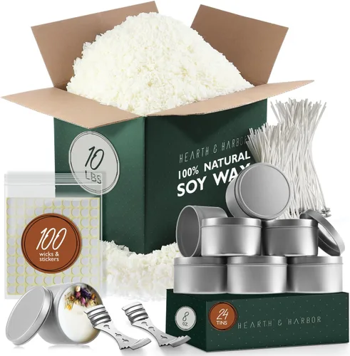 Vista 8 de Hearth & Harbor Cera de soja natural y suministros para hacer velas de bricolaje – 5 libras de copos de cera de soja, latas de vela con tapa