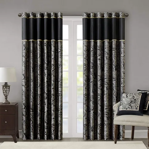Vista 15 de Madison Park Cortina jacquard de paisley de seda sintética, con bolsillo para barra con forro de privacidad para sala de estar, cocina, dormitorio