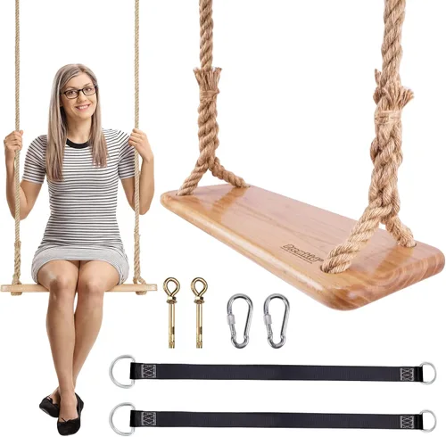 Vista 10 de Columpio de madera colgante, columpio de árbol de 24 x 8 x 1.2 pulgadas para adultos y niños, cuerda de nailon gruesa ajustable y correas de árbol