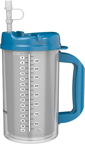Vista 3 de Mugs N Coffee Taza de viaje de 32 onzas, taza de hospital azul perla para bebidas frías, doble pared, mango grande, sin BPA, resistente a las fugas