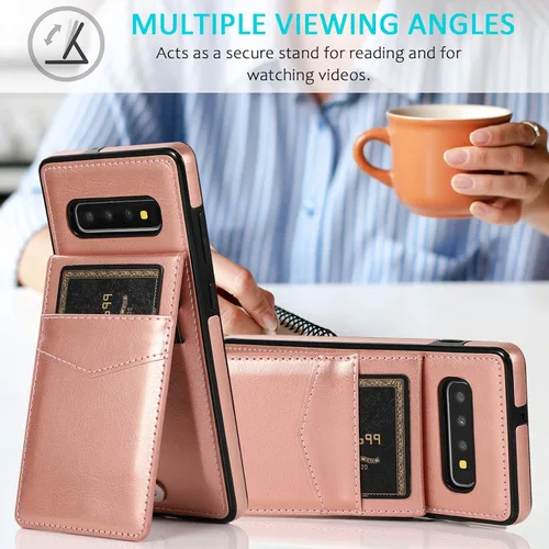 Vista 5 de Funda de teléfono para Samsung Galaxy S10 Plus con protector de pantalla de vidrio templado, soporte para tarjeta de crédito, soporte de cuero