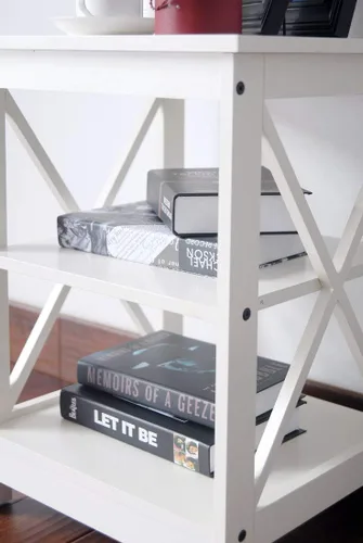 Vista 5 de White Finish Wooden X-Design Chair Side End Table with 3-tier Shelf