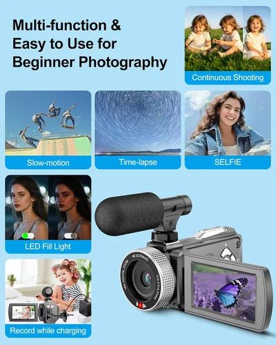 Vista 5 de Videocámara 4K 48MP 60FPS UHD para YouTube Vlogging 18X Digital Zoom 3" IPS 270° Pantalla Flip Video Videocámara con Micrófono Lavalier Inalámbrico