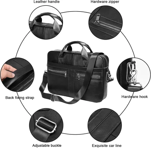 Vista 4 de Maletín de cuero genuino para hombres, bolso de hombro para computadora portátil con correa, bolso de trabajo de viaje de negocios de 15.6 pulgadas