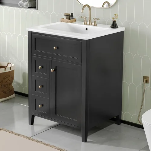 Vista 3 de Harper & Bright Designs Tocador de baño de 24 pulgadas con lavabo, juego de tocador independiente con 4 cajones, estantes de almacenamiento y Negro