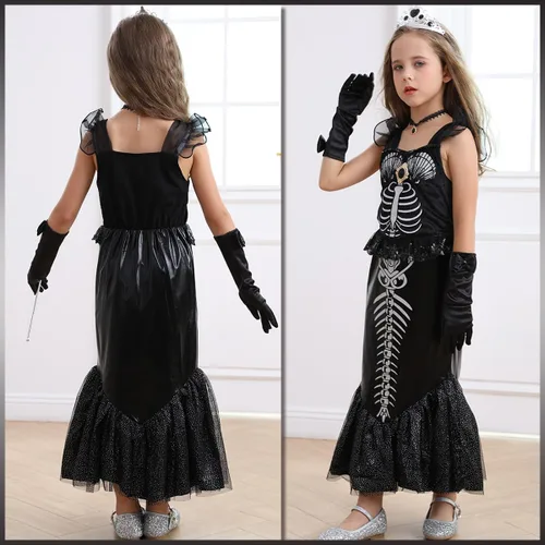 Vista 4 de Disfraz de esqueleto de sirena para niñas, vestido negro de princesa Ariel, disfraz de Halloween con accesorios