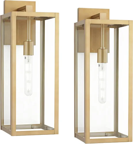 Vista 2 de John Timberland Titan - Juego de 2 lámparas de pared modernas para exteriores, marco rectangular dorado suave de 20 1/4 pulgadas, paneles de vidrio