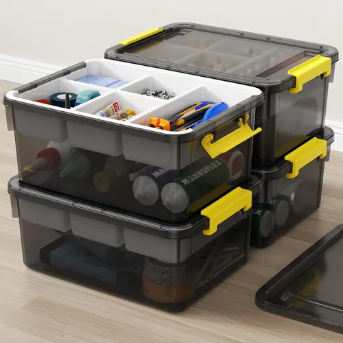 Vista 19 de Contenedor de almacenamiento apilable grande de 40 cuartos de galón con tapa y bandeja, organizador de plástico transparente con divisor portátil