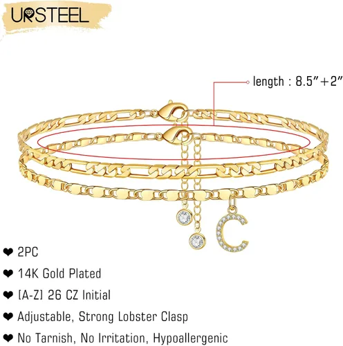 Vista 2 de Tobilleras Ursteel chapadas en oro de 14quilates, delicadas capas de cadena Figaro con inicial de circonita cúbica, joyería de verano, regalos