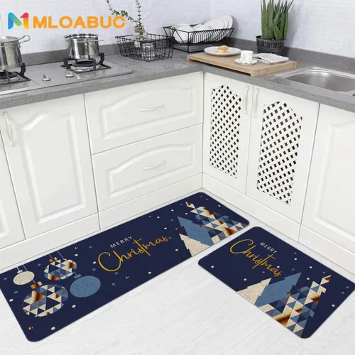 Vista 4 de Mloabuc - Juego de 2 alfombrillas de cocina de Merry Christmas, antifatiga, impermeables, resistentes a las manchas, alfombra azul decorativa