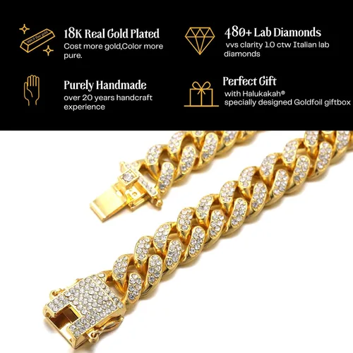 Vista 4 de Halukakah Gold Chain for Men - The Royal - Iced Out 1420MM GoldPlatinum WhiteRose GoldRhodium Black Cuban Link Chain Necklace Bracelet Full Cz