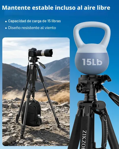 Vista 3 de Trípode de cámara de 75 pulgadas, soporte de cámara de aluminio resistente para teléfono iPad, trípode de viaje con/bolsa de transporte/soporte