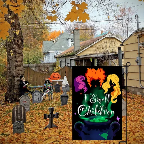 Vista 4 de Bandera de jardín de Halloween, bandera de jardín con texto en inglés "I Smell Children", bandera de bruja Hocus Pocus para exteriores, bandera