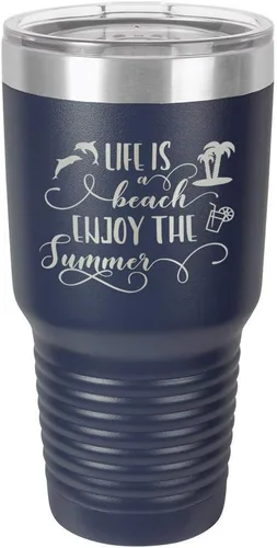 Vista 16 de La vida es una playa que disfruta el verano grabado de 30 oz vaso de acero con recubrimiento de polvo grabado láser taza de viaje de camello polar