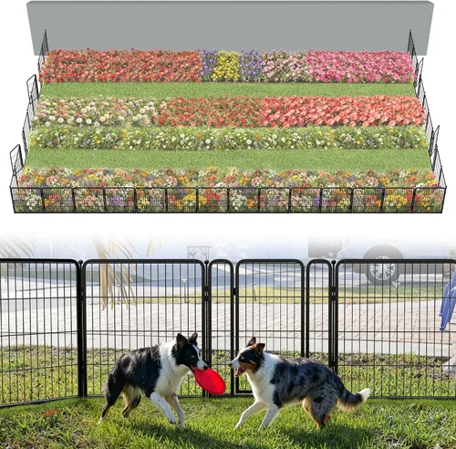 Vista 25 de FXW Valla de jardín al aire libre para el patio, 17 pulgadas de alto x 29.3 pies de largo, barrera de metal resistente para animales, para perros