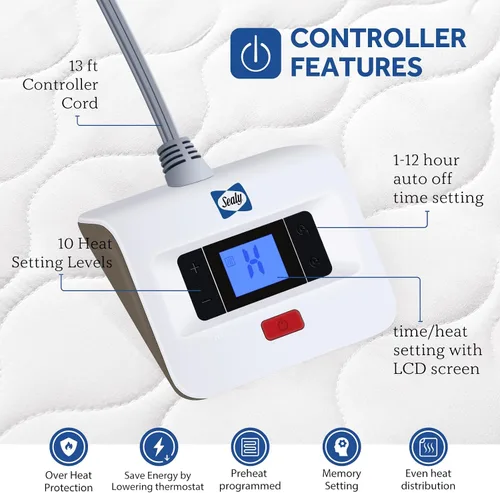 Vista 4 de Sealy Protector de colchón térmico tamaño individual, calentador de cama eléctrico acolchado de lujo con 10 ajustes de calor y apagado automático
