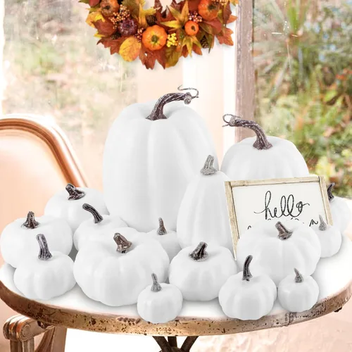 Vista 10 de Ywlake 16 piezas de calabazas de otoño, decorativas grandes y pequeñas para exteriores, de espuma naranja, de plástico, falsas, calabazas