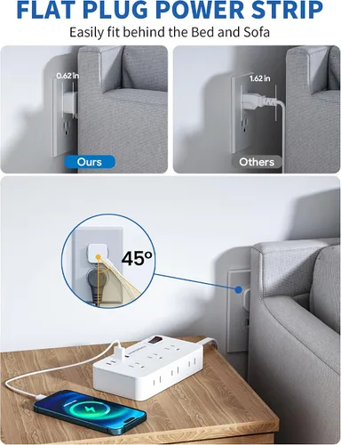 Vista 3 de Regleta protectora de sobretensiones, cable de extensión trenzado de 5 pies, enchufe plano con 6 tomas de corriente y 2 puertos USB-A, 2 puertos