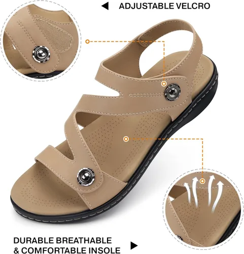 Vista 4 de TEMOFON Sandalias para mujer de verano elegante: puntera abierta, cómodas para caminar, sandalias planas con soporte para el arco, tallas 5-11