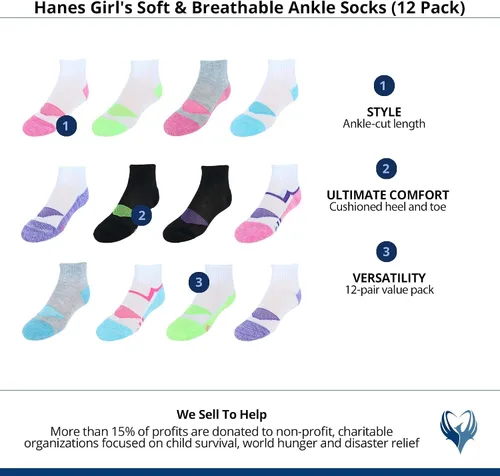 Vista 7 de Hanes Calcetines cómodos y frescos para niñas, paquete de 12 pares de calcetines con forro de moda