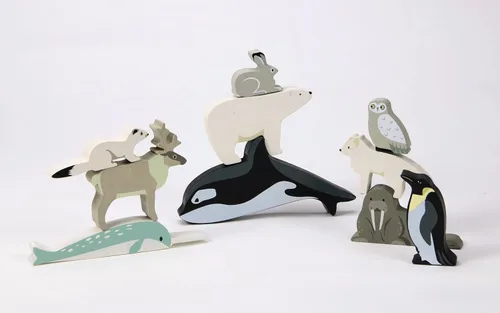 Vista 3 de Tender Leaf Toys - Animales polares - 10 animales polares de madera maciza con estantería - Hecho para manos pequeñas, mejora la coordinación