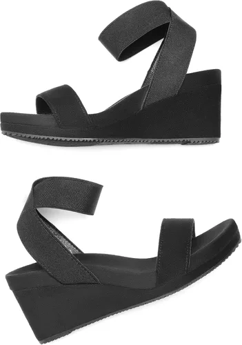 Vista 3 de Dream Pairs - Sandalias de cuña con plataforma y puntera abierta y correa elástica para mujer, Negro5