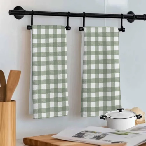 Vista 4 de Juego de 2 toallas de cocina y paños de cocina, color verde salvia y blanco, a cuadros, de 18 x 28 pulgadas, toallas de mano absorbentes de secado