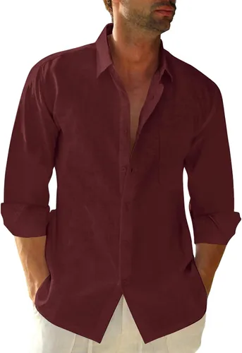 Vista 13 de JEKAOYI - Camisas de lino con botones para hombre, de manga larga, ajuste regular, de algodón, camisas de playa con bolsillo