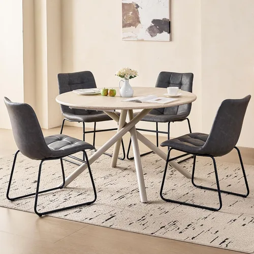 Vista 18 de Juego de mesa de comedor redonda de 47 pulgadas para 4, mesa redonda moderna de cocina, patas cruzadas de metal recubierto con 4 sillas de comedor