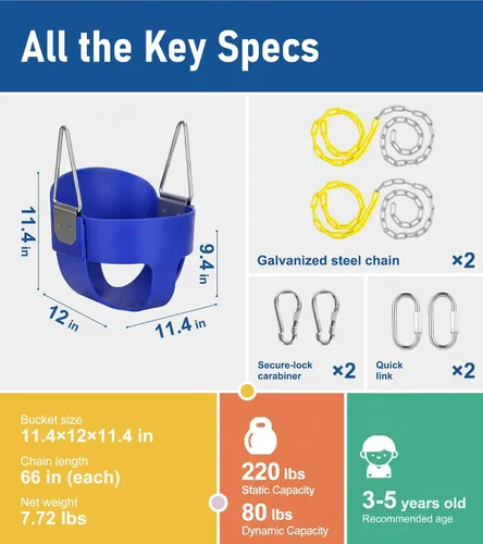Vista 7 de Columpio de respaldo alto con cadenas recubiertas y protección triangular para mayor seguridad, columpio para bebé al aire libre con hebillas de Azul