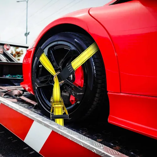 Vista 7 de Correas de neumático para un remolque de automóvil, correa de amarre de rueda de 2 pulgadas x 10 pies con ganchos a presión, correa de rueda